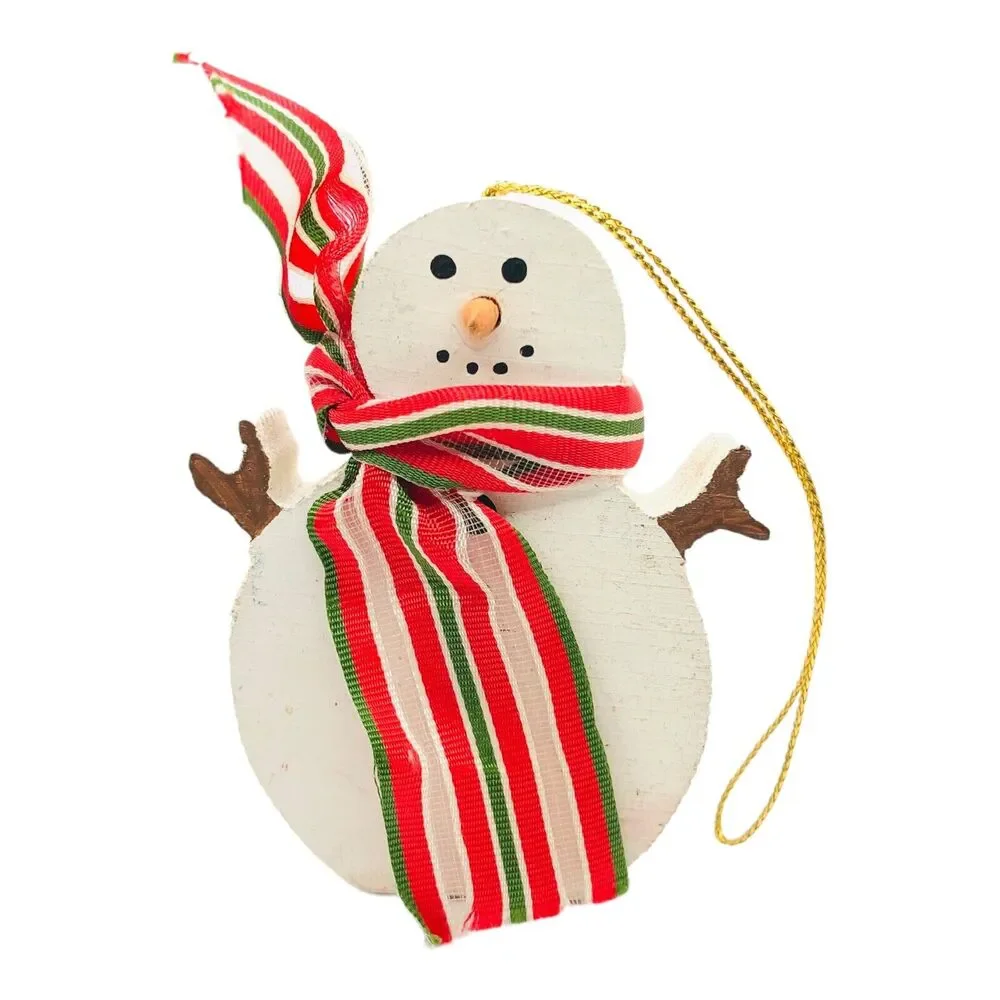 Country Wooden Block Snowman Christmas Tree Ornament Ribbon Scarf Red Green